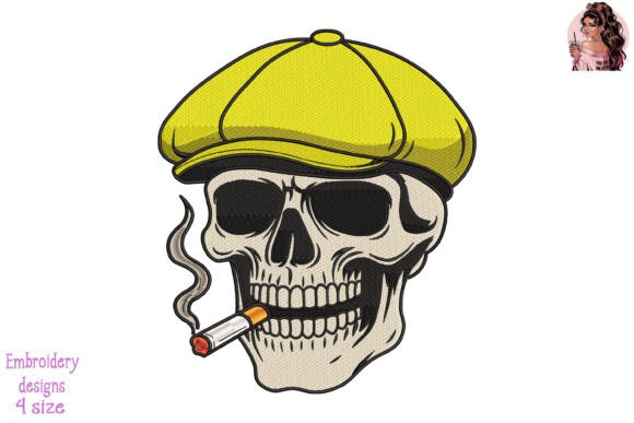 Skull in Yellow Newsboy Cap Embroidery